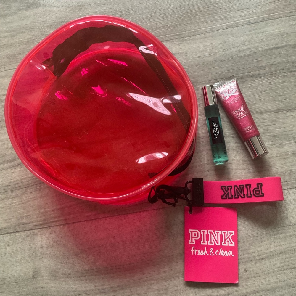 LOT Victoria’s  Secret sparkle cherry lip  gloss, coconut lip oil & PINK pouch